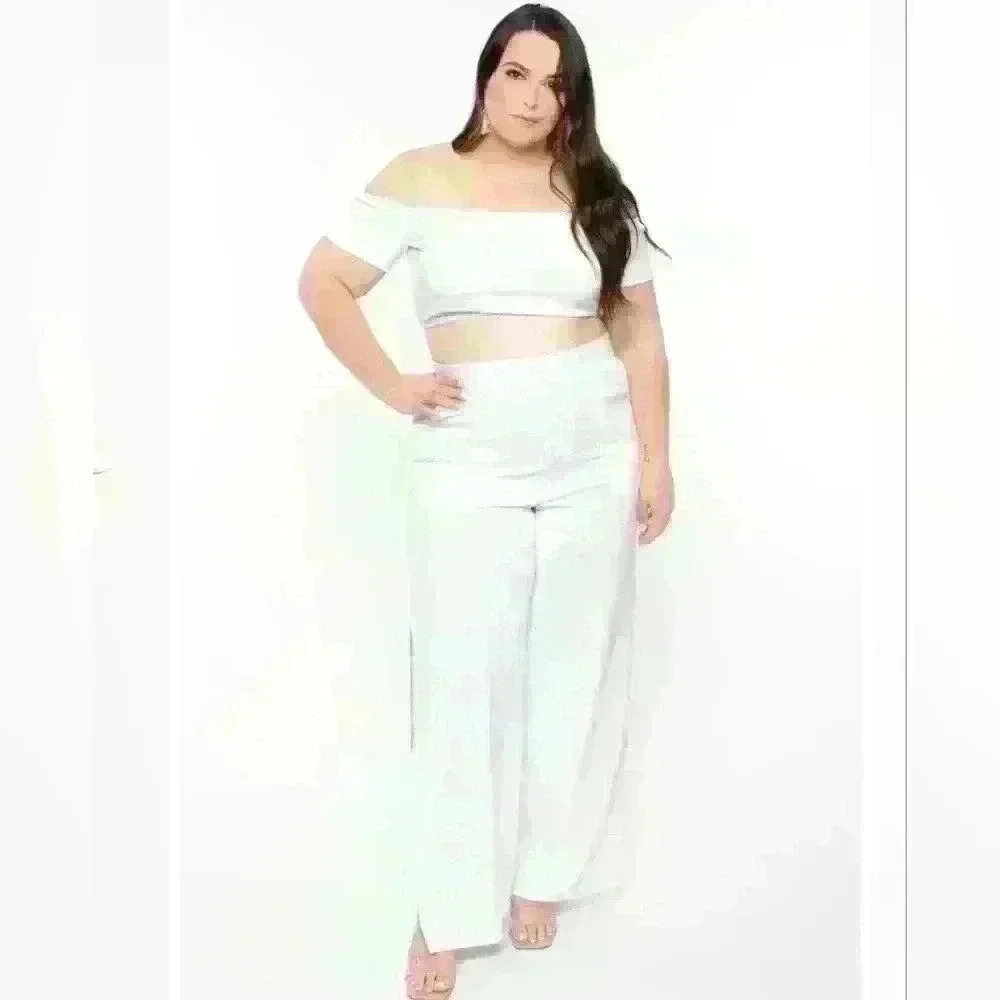 PLUS SIZE ANDREA CROP TOP AND FLARE PANTS SET -  WHITE SIZE 2X NWOT